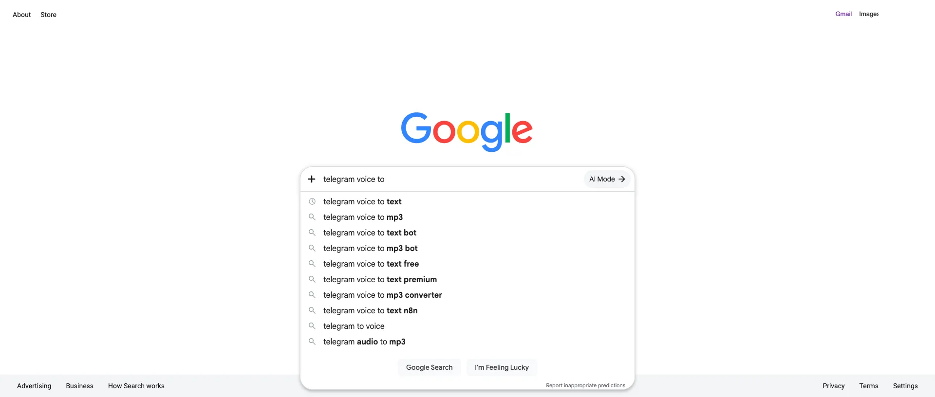Google suggest on the typed phrase telegram voice to. The dropdown lists telegram voice to text, telegram voice to mp3, telegram voice to text bot, telegram voice to mp3 bot, telegram voice to text free, telegram voice to text premium, telegram voice to mp3 converter, telegram voice to text n8n, telegram to voice and telegram audio to mp3.