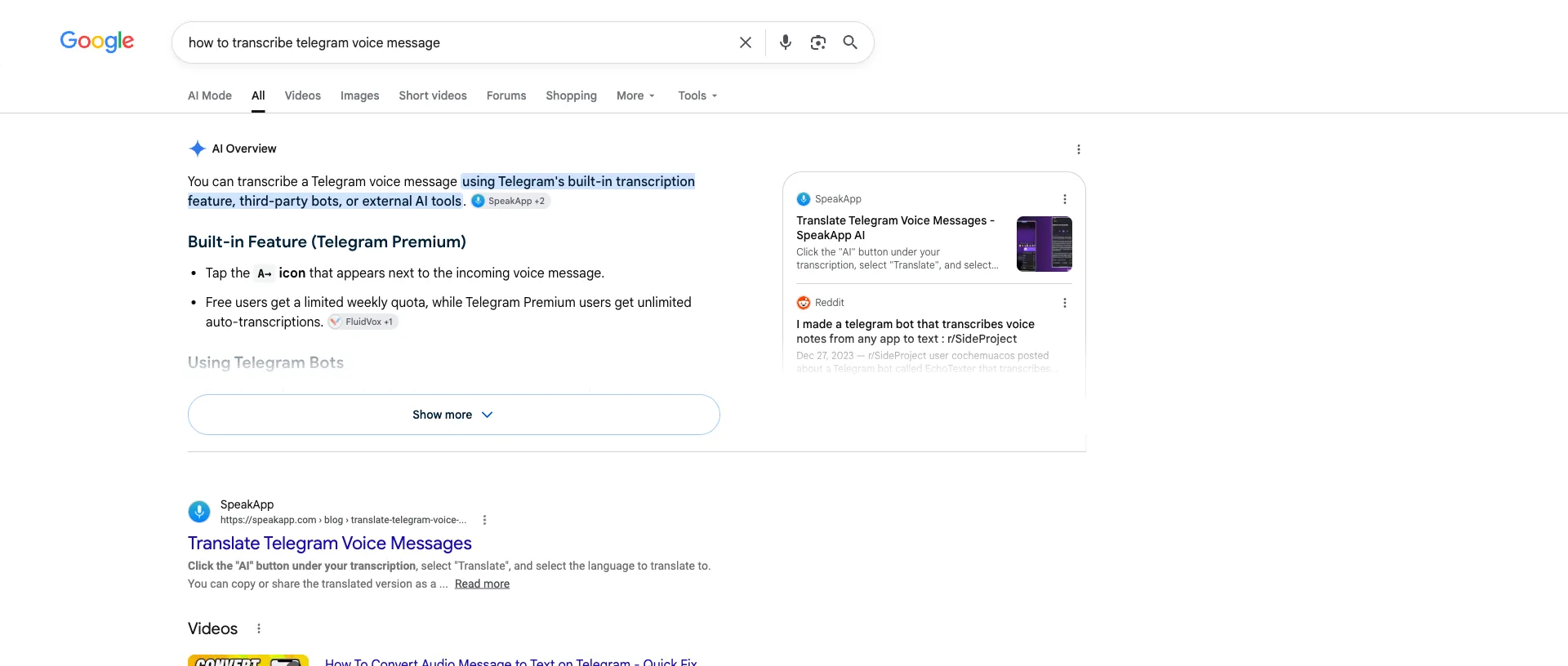 Google AI Overview for the query how to transcribe telegram voice message. The answer names Telegram's built-in feature and third-party bots. The sources panel on the right cites SpeakApp's blog and a Reddit thread from r/SideProject titled I made a telegram bot that transcribes voice notes.