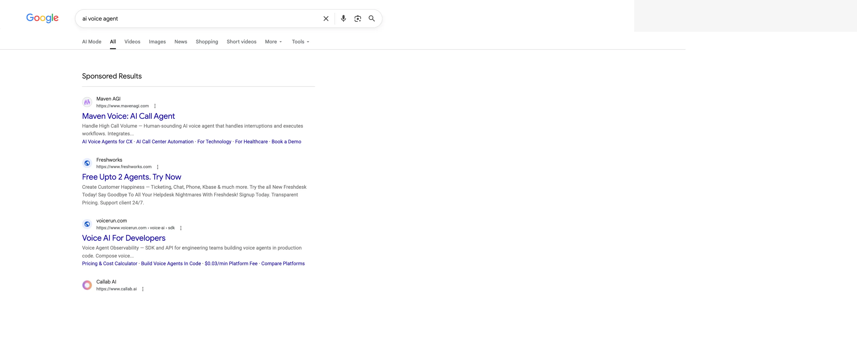 Google results for the query ai voice agent. Above the organic listings sits a Sponsored Results block with ads from Maven AGI, Freshworks, voicerun.com and Callab AI, each linking to vertical pages and a pricing calculator.